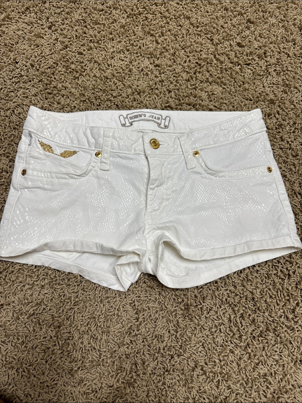 Robin's Jean White Faux-Snakeskin Low-Rise Shorts with Gold Accents